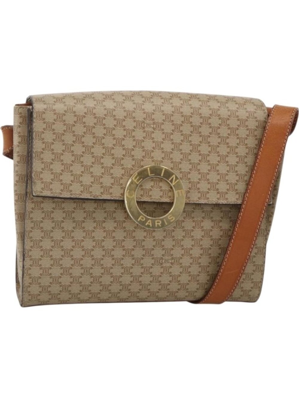 CELINE Macadam Canvas Circle Shoulder Bag PVC Beige Gold